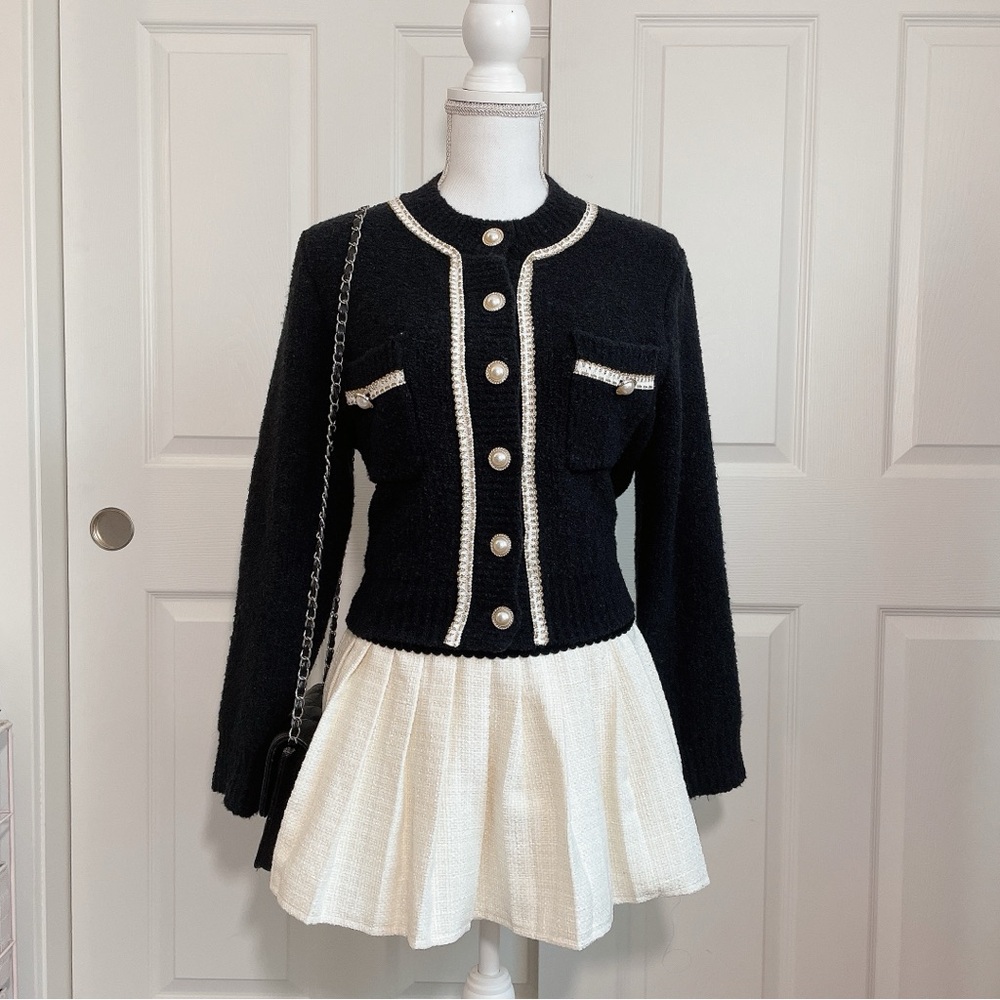 Urban Revivo fuzzy knit cardigan with contrast white/gold trim & pearl buttons